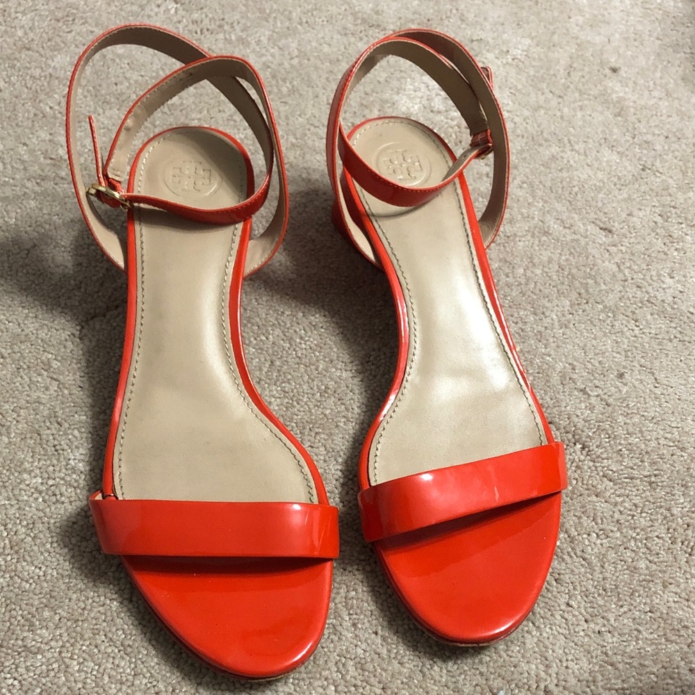 Tory Burch Winona Patent Leather Designer Slingback Heeled Sandals Orange Size 9